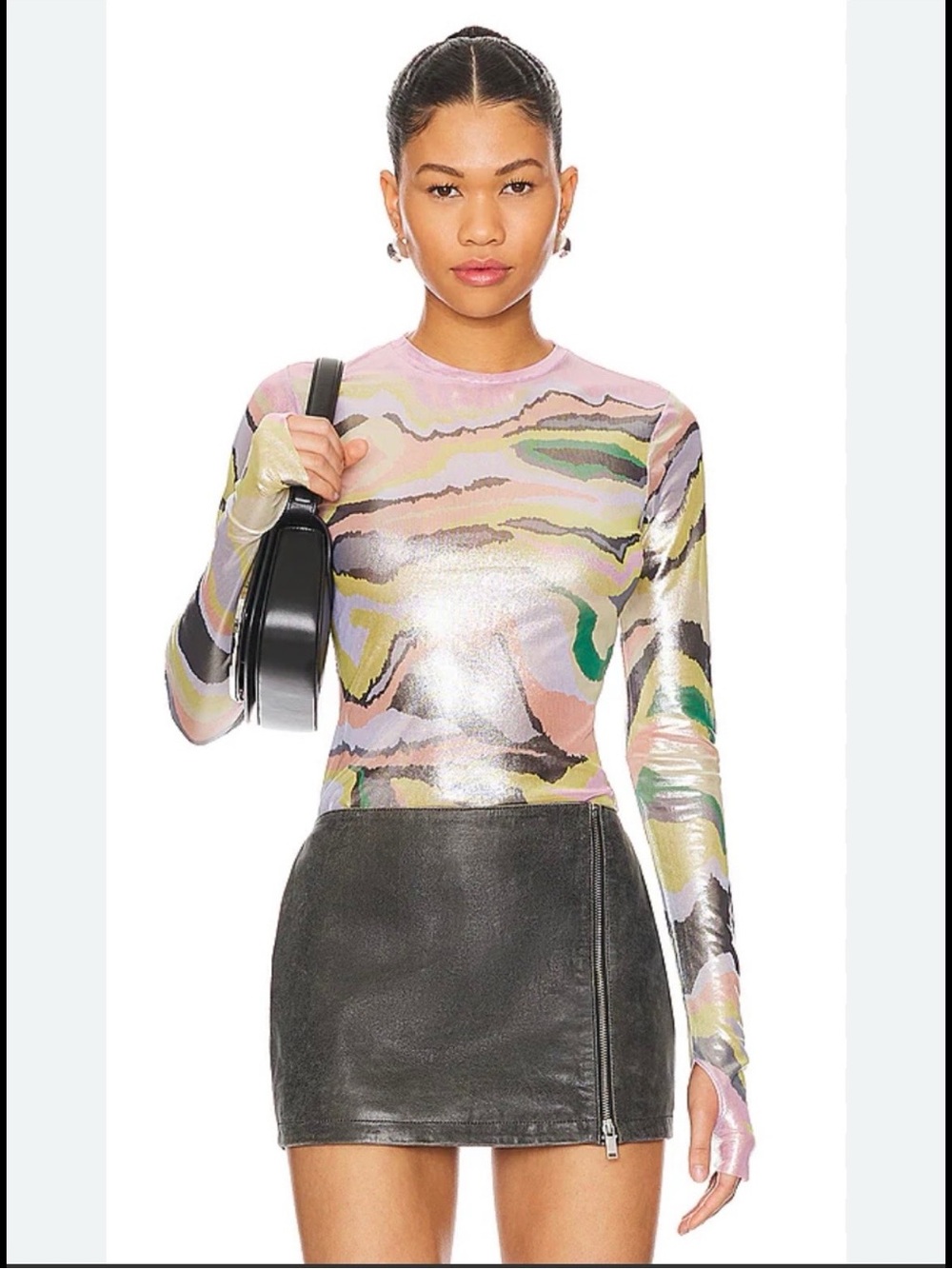 AFRM Marble-Print Long Sleeve Crewneck Top - Pink, Green, Yellow